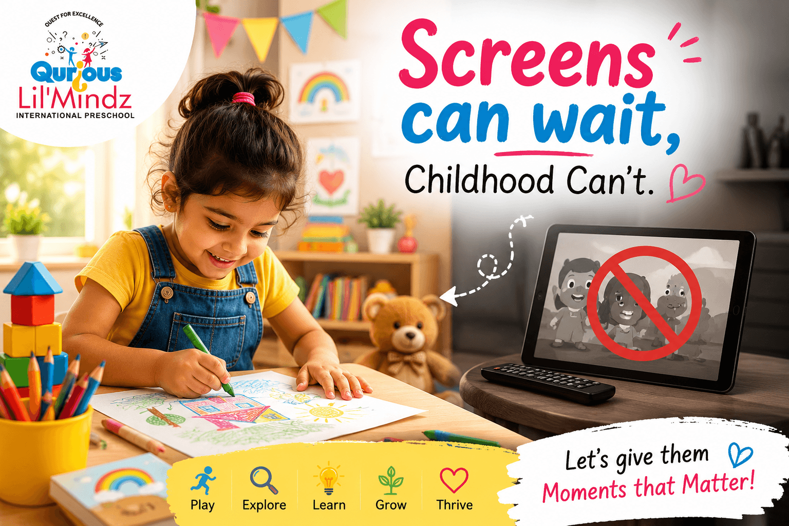 A child happily drawing and playing while screens wait — Screens can wait, Childhood Can't, by Qurious Lil Mindz