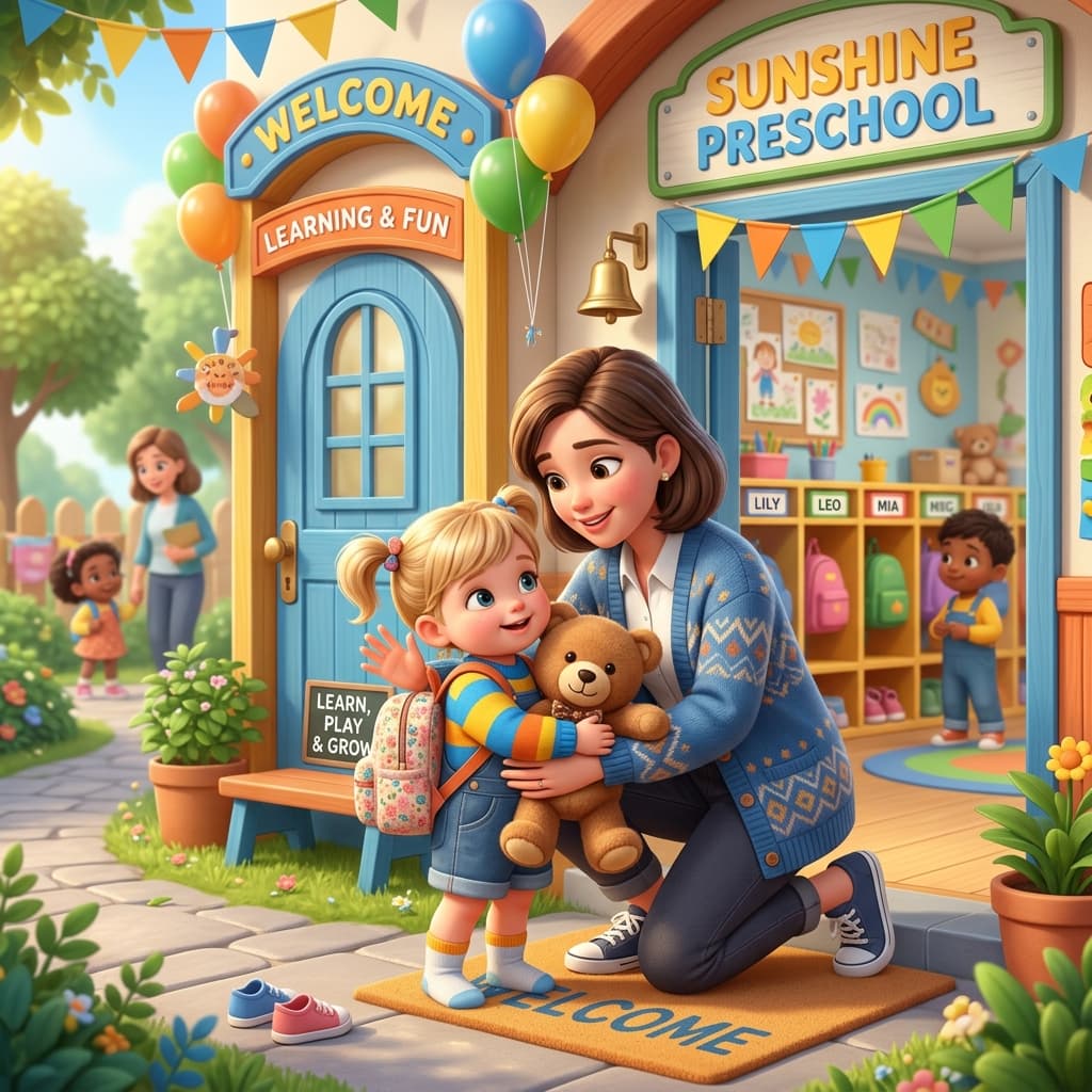 A warm illustration of a parent comforting a child with a teddy bear during a gentle preschool goodbye transition