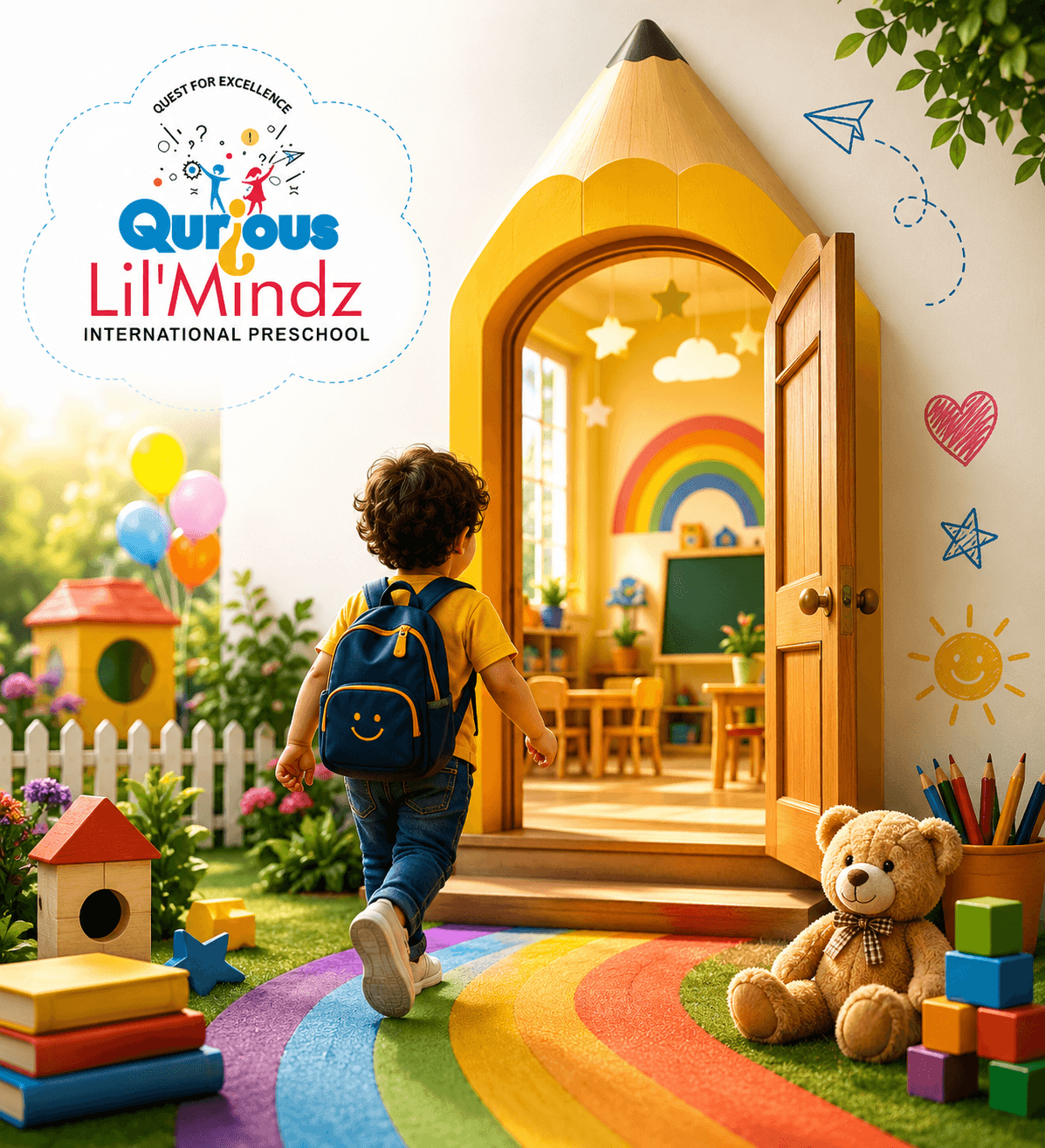 A child with a backpack happily walking through a pencil-shaped door into a colorful preschool classroom