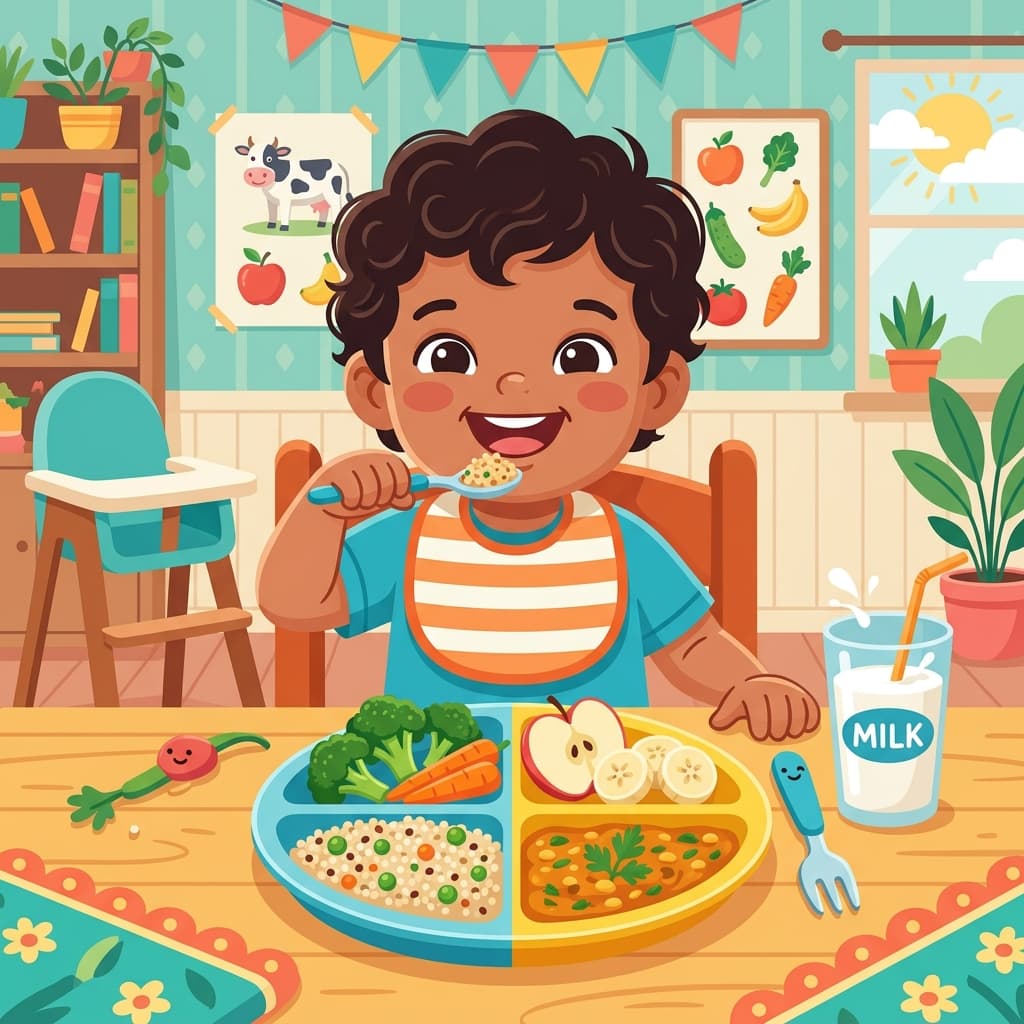 A happy child enjoying a colorful balanced meal plate with fruits, vegetables, grains, and milk