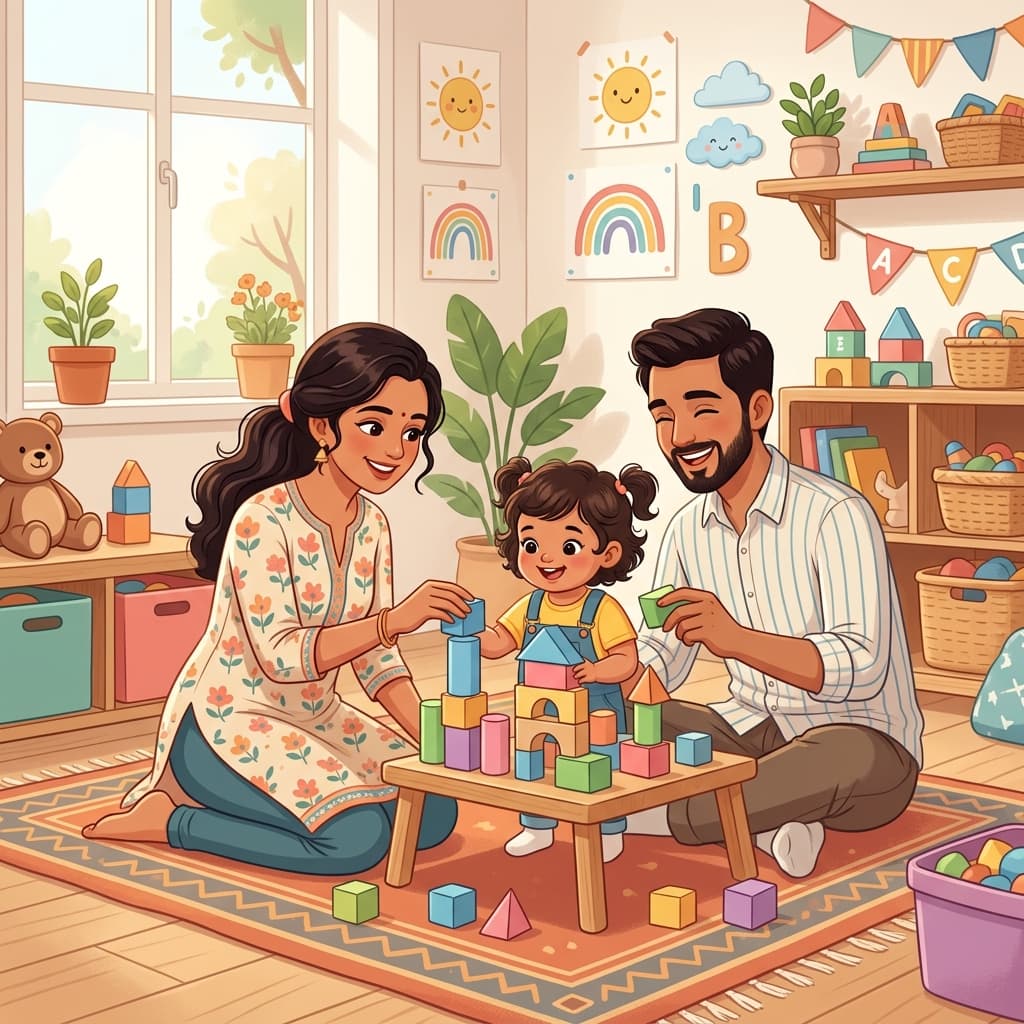 Supportive parents playing and guiding their toddler with wooden blocks in a cozy home environment