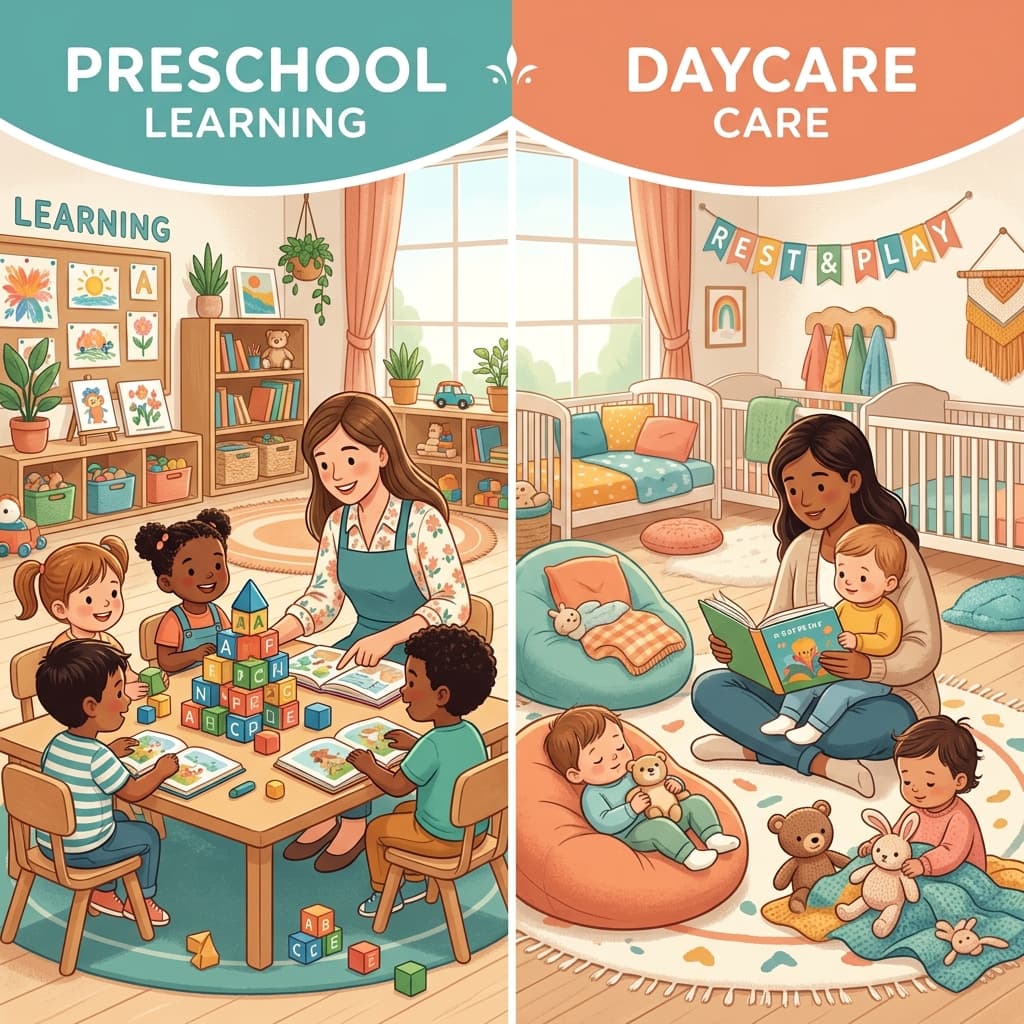 Comparison illustration showing children in a structured preschool classroom and toddlers in a cozy daycare care environment