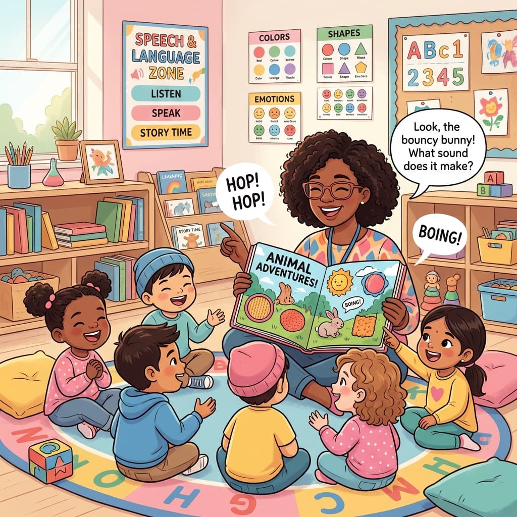 Teacher reading storybook with preschool toddlers to boost speech and language milestones