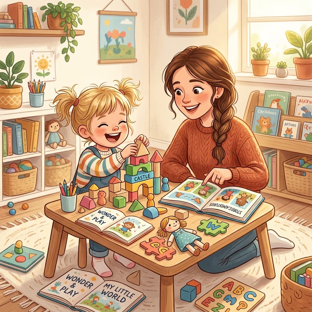 A happy parent and young child engaging in fun hands-on home learning with books and building blocks