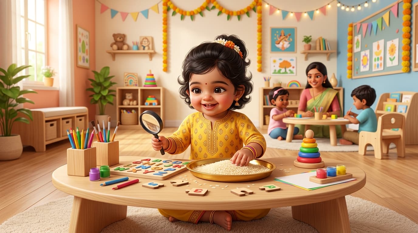Toddler exploring Vidyarambham sensory rice and wooden toys at Qurious Lil'Mindz Chennai